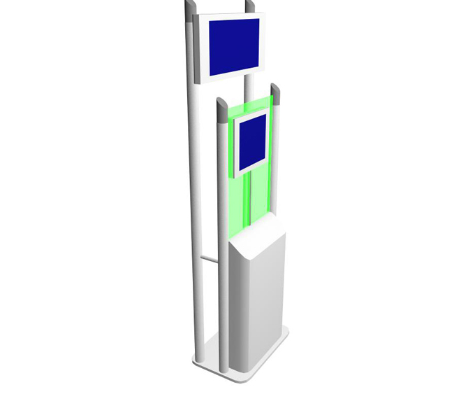 The stylish v37 Floor Standing Kiosk Unit offers extreme functionailty, whilst mainting the stylish look of the other glass kiosks in our range. The standard unit comes with only two front poles, but you can opt for rear poles,  which enables you to